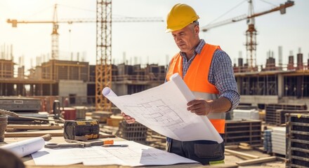 A construction worker wearing a hard hat and safety vest, standing in front of a construction site with cranes and buildings in the background.