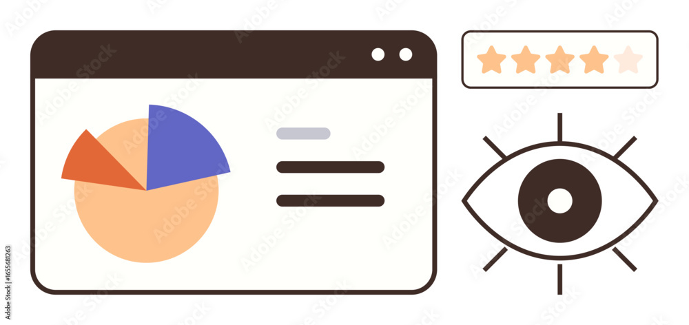 Aufkleber pie chart and bar graph inside web browser window, an eye icon for observation, and star rating bar.