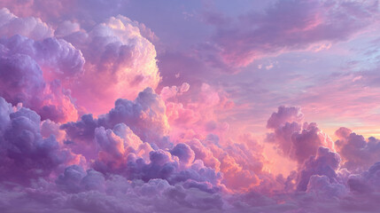 Majestic clouds shades of purple and pink create dreamy atmosphere, evoking wonder