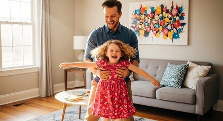 Playful Father Lifting His Laughing Daughter in the Living Room.