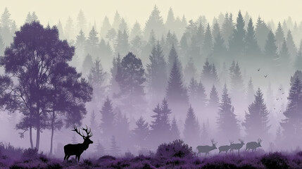 Majestic deer silhouette in misty pastel forest, creating serene and ghostly atmosphere