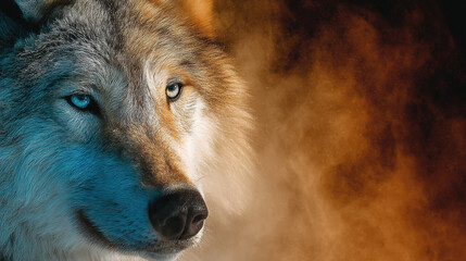 Majestic wolf with icy blue eyes, surrounded by mystical fog and warm hues, evokes sense