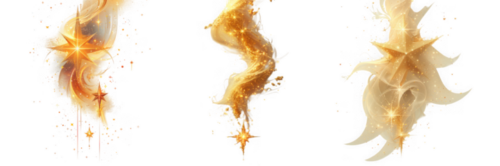 Three abstract glowing orange and gold fire swirls with sparks and stars, isolated on transparent background