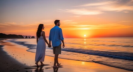 Romantic Couple Walking Beach Sunset.