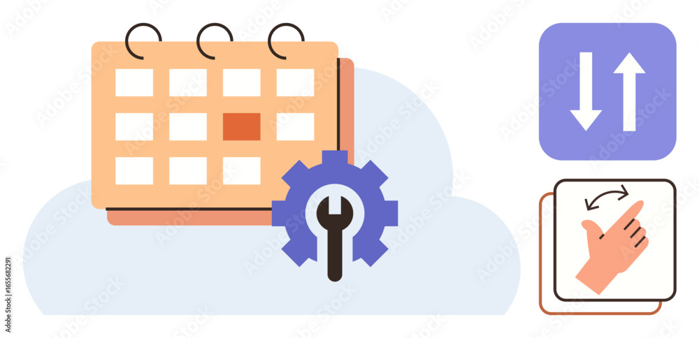 Aufkleber calendar with settings gear, sync arrows, gesture icon over cloud. ideal for planning, organization,
