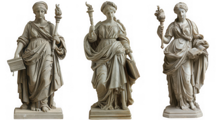 Three classical stone sculptures of women holding torches and books, isolated on transparent background
