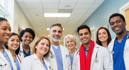 A diverse group of healthcare professionals standing in a hospital corridor.