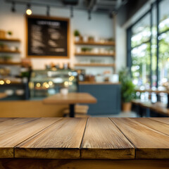 Wooden Tabletop Perspective with Blurred Coffee Shop Interior Background