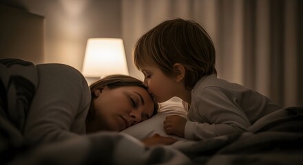 Tender Bedtime Kiss Between Child and Sleeping Mother.