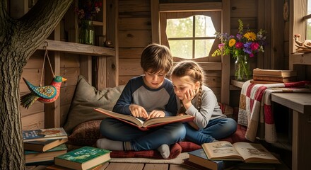 Young Boy and Girl Reading Together in a Magical Treehouse Nook.
