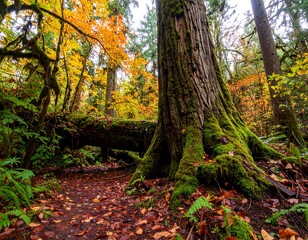 Moss-covered tree roots and fallen log in autumnal forest