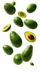 Fresh avocados, whole and halved, appear to be floating or falling against a black background.  A gold outline highlights each fruit
