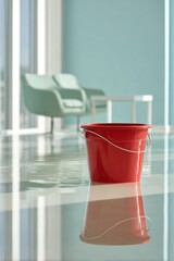 Professional Flood Damage Cleanup with Red Bucket in Office Authentic Turkey Vulture Day and Summer Safety Insight for Commercial Property Risk Management
