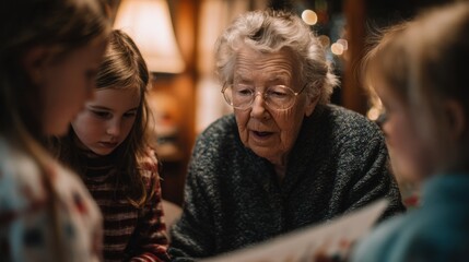 An elderly Caucasian woman with gray hair reads a book to three young girls. The girls are focused and engaged, sitting closely together in a cozy, warm setting.