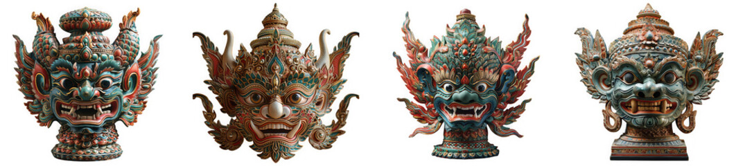Obraz premium Collection of four intricate and detailed ancient sculptures of mythical figures, isolated on transparent background