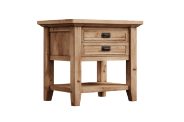 Light-brown wooden nightstand with two drawers and a lower shelf.  Features simple, rustic design with visible wood grain.  Dark-metal drawer pulls.  Square, angled, sturdy construction