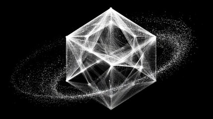 Abstract geometric shape, hexagonal crystal, orbiting particles