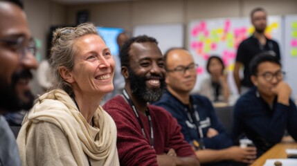 A diverse group of people engaged in a meeting. A middle-aged Caucasian woman with gray hair smiles. A Black man with a beard sits beside her, both looking attentive.