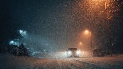 A snowy street scene at night with heavy snowfall. Streetlights illuminate the falling snow. A car drives slowly through the winter weather.