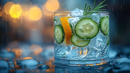 Refreshing cocktail with cucumber & citrus garnishes, ice & herbs; macro shot, rainy backdrop
