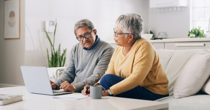 Home, laptop and old couple with financial planning, documents and life insurance. Pensioner, savings and man with woman, computer and investment with retirement fund, debt review or email with taxes