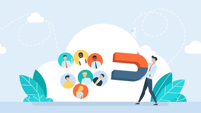 Customer acquisition and marketing. Search and attraction of target audience, new subscribers. Businessman with magnet and people in run to it. Social network promotion marketing. 2d flat animation	