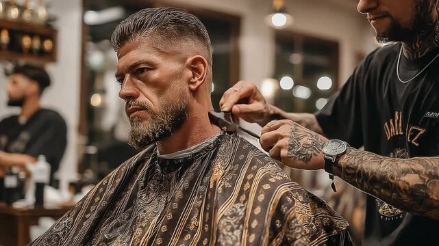 Art of the Barbershop: Focused frame inside a traditional barbershop, a patron undergoes a haircut, the hairdresser's hands moving with meticulous care and skill. Embracing the artistry of grooming