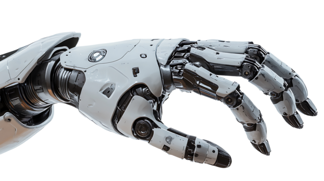 Futuristic robotic arm with advanced AI components displayed in close up on transparent background for use in robotics and technology projects