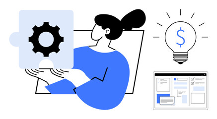 Woman holding puzzle piece with gear icon, lightbulb with dollar sign, and digital interface representing teamwork, idea generation, innovation, problem-solving, business strategy, online tools