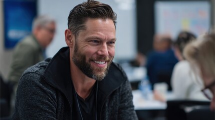 Obraz premium Bearded Caucasian man with short brown hair wearing a dark sweater sitting indoors with blurred people in the background.