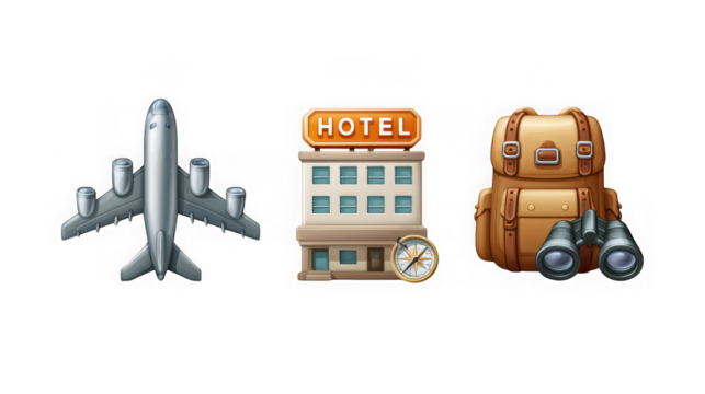 Airplane, hotel, and backpack with binoculars isolated on transparent background, representing travel and adventure - Powered by Adobe