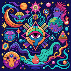 anxiety and schizophrenia — a fractured face melting into neon swirls, glowing eyes, and cosmic distortions that embody inner chaos and hallucinations.