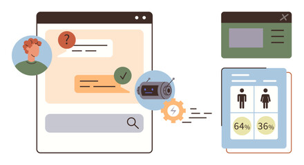 Chat interface with bot, user avatar, search field, process animation, and gender data stats. Ideal for technology, AI, user interaction, analytics automation workflow simple flat metaphor