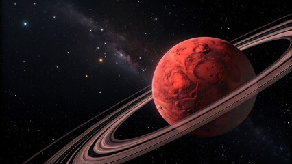 Red planet with rings in deep space, a cosmic landscape with stars and galaxies, a celestial body in the universe