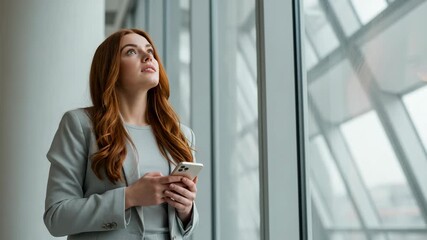 Young businesswoman using smartphone in modern office, looking out the window with a confident and professional demeanor, exuding success - Powered by Adobe