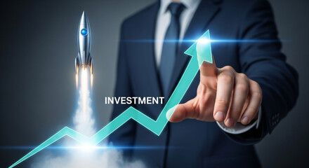 A hand touching a rocket with a dollar sign on it, ascending arrow , graph bars in a blue background 