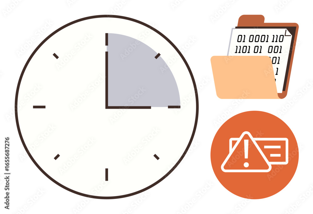 Poster clock with highlighted section, binary code folder, and alert icon conveying urgency, data processin