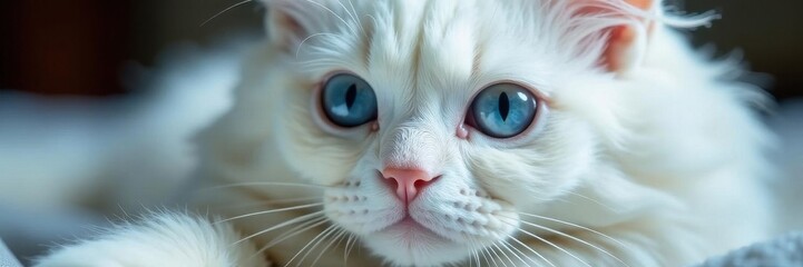 Stunning white Persian cat, intense blue eyes, soft fur , blue eyed cat, closeup