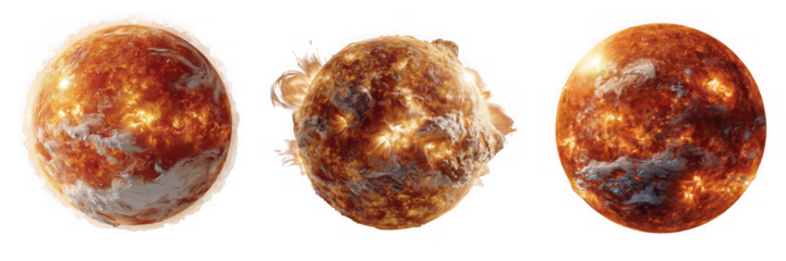 Three views of the suns surface, displaying intense heat, light, and solar activity with fiery flares and glowing plasma isolated on transparent background