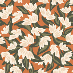Simple, hand painted feather like flowers as a beautiful botanical flowerbed in colors of off white, cream and green on brown background. Floral seamless vector pattern. Great for home decor, fabric.