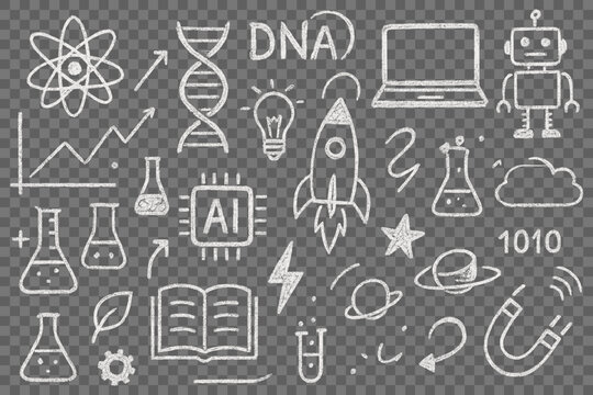 Back to school chalkboard education science laboratory drawing with white doodles science lab equipment artificial intelligence dna atom and more technology drawing on