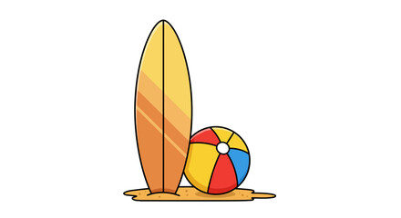 Surfboard and Beach Ball on Sandy Shore - Summer Vacation Illustration