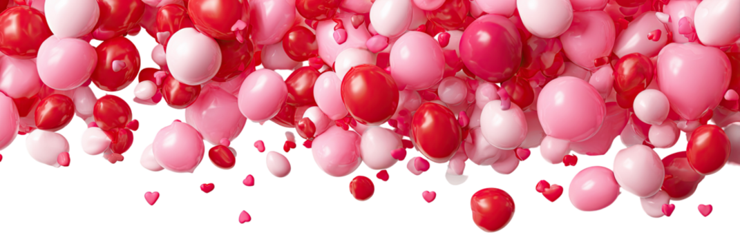 A profusion of pink and red balloons, many shaped like hearts, fills the image.  Small red hearts float amongst them against a black background