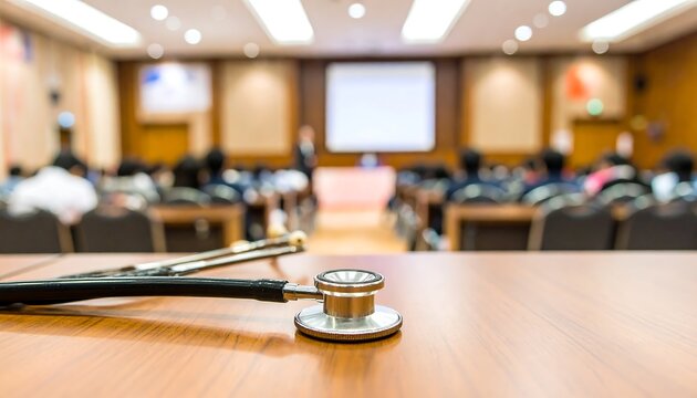Stethoscope on a table in a blurry conference room - Powered by Adobe