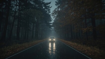 Fototapeta premium Driving through a rainy forest road at dusk