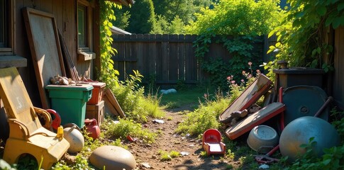 Sun-Drenched Backyard Overflowing with Discarded Items A Scene of Neglect and Forgotten Toys