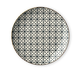 Ceramics decorative plates, Plate with geometric pattern and gold rim, View from above isolated on white background with clipping path