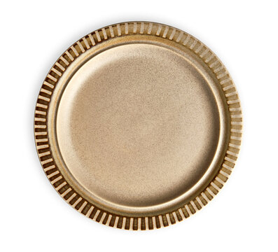 Empty ceramic plate with stripe pattern edge, Brown plate with dark brown rim, View from above isolated on white background with clipping path  