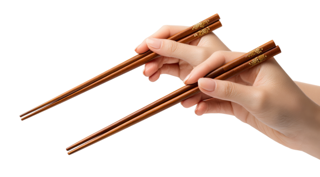 Close-up of hands holding wooden chopsticks