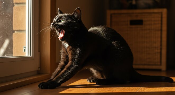 Black cat stretching near window in sunlight